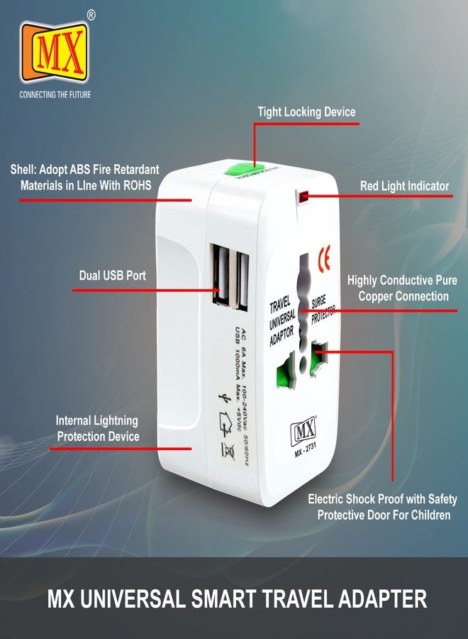 ام كي محول سفر عالمي MX مزود بمنفذ USB، محول سفر دولي شامل، متوافق مع 150 دولة، مزود بمقبس عالمي LED، متوافق مع المملكة المتحدة وأوروبا والولايات المتحدة الأمريكية والصين واليابان وتايلاند. - Image 2