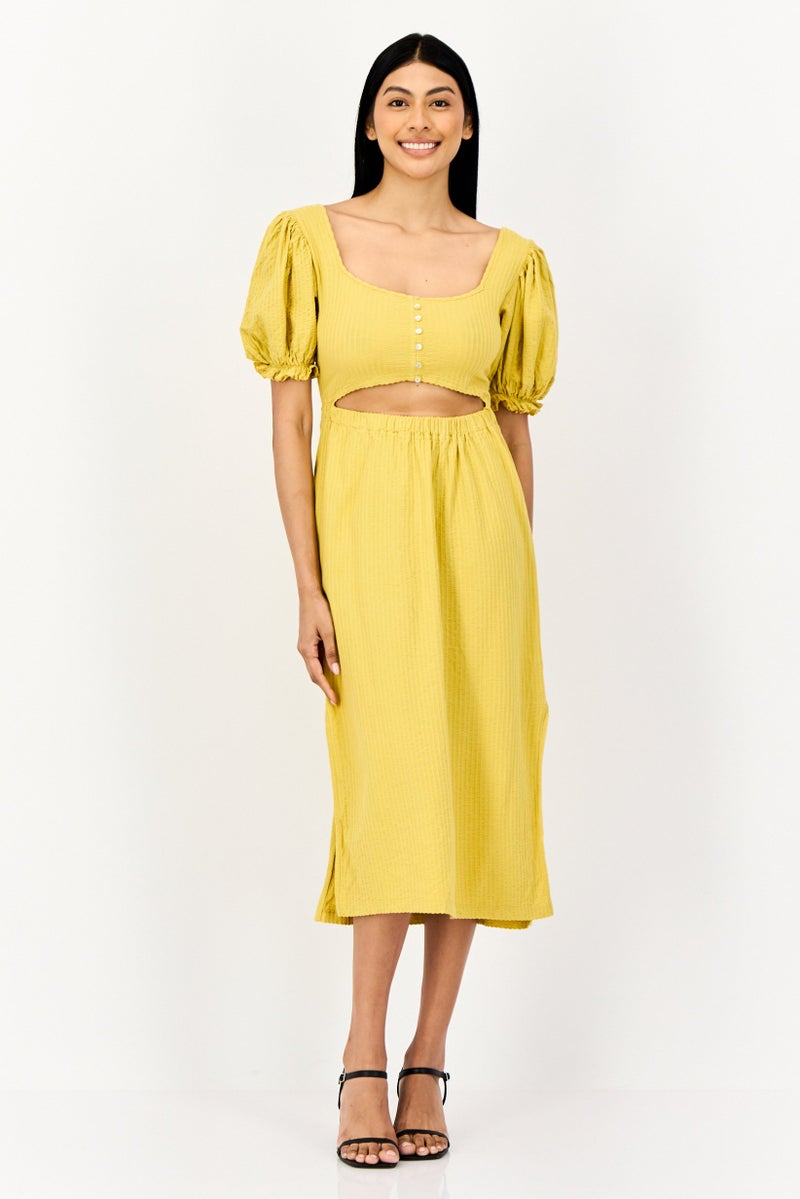 ONLY فستان ميدي مضلع للنساء، خردلي - Image 1