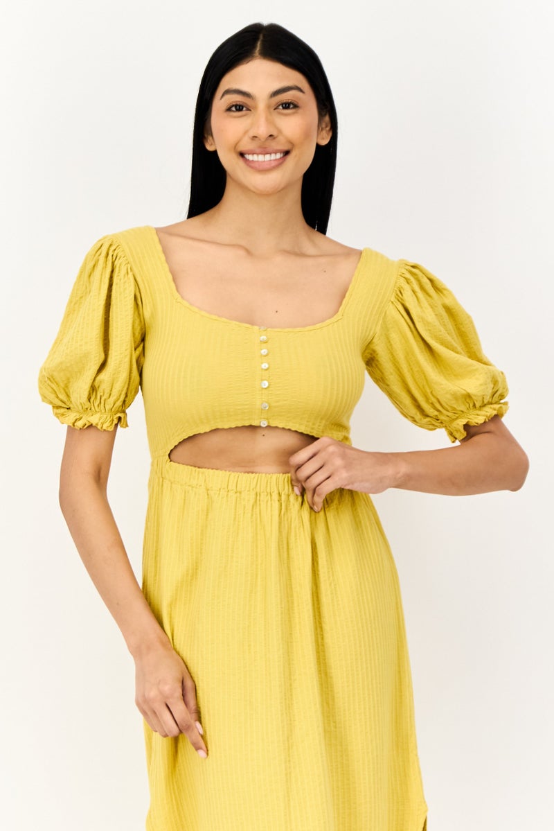 ONLY فستان ميدي مضلع للنساء، خردلي - Image 4