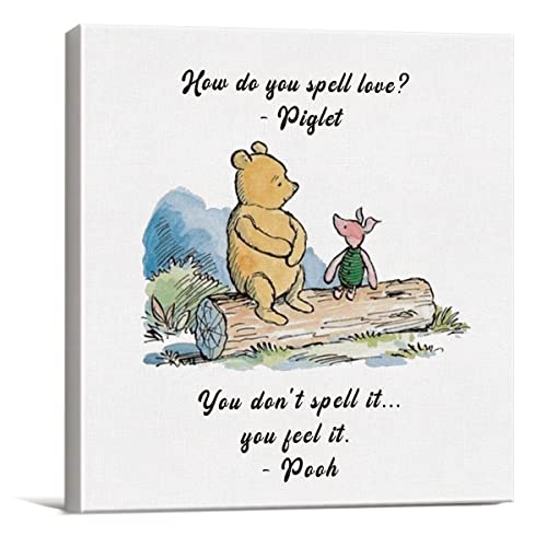 Dolimifa Classic Winnie the Pooh Wall Art Decor How Do You Spell Love Quote Canvas Painting Pictures Framed Print Sign Artwork Ready to Hang for Home Nursery (8x8 Inch) - Image 1