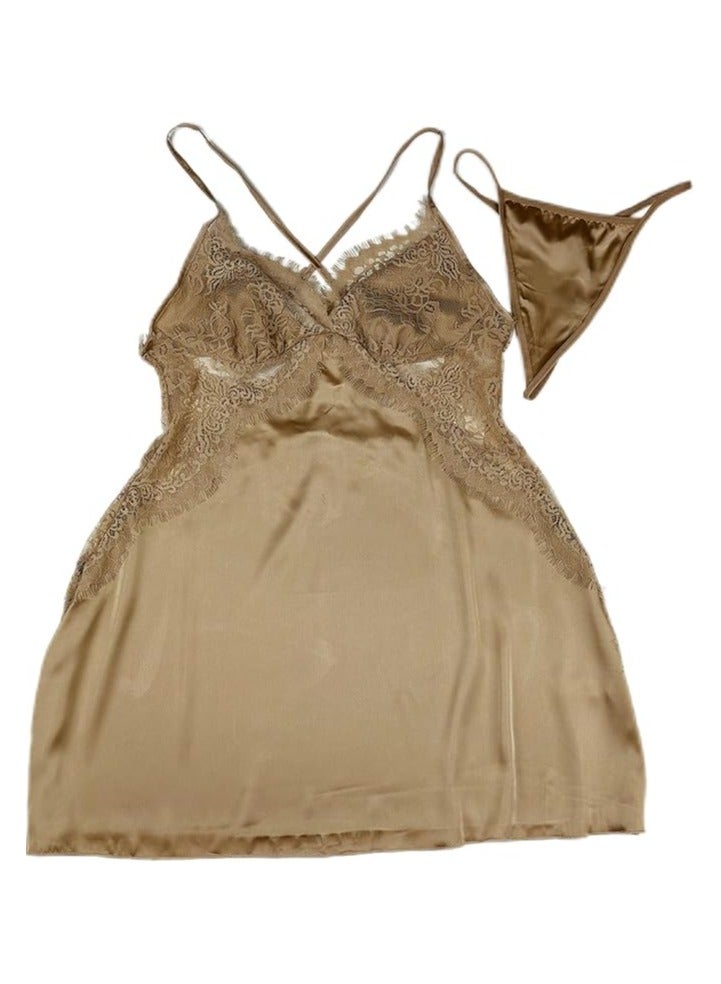 بونكا ثوب نوم داخلي من الساتان الناعم المطرز باللون البني من بونكا - Image 1