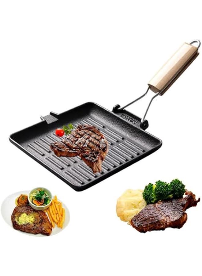 BWSJ Cast Iron Griddle Steak Pan NonStick Pan Frying Pan for Kitchen Foldable Handle Baking Cooking Tool Skillet Cookware Worked with Gas Electric Furnace Induction Ceramic Stove for Indoor Outdoor - Image 1