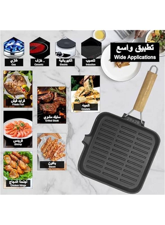 BWSJ Cast Iron Griddle Steak Pan NonStick Pan Frying Pan for Kitchen Foldable Handle Baking Cooking Tool Skillet Cookware Worked with Gas Electric Furnace Induction Ceramic Stove for Indoor Outdoor - Image 2