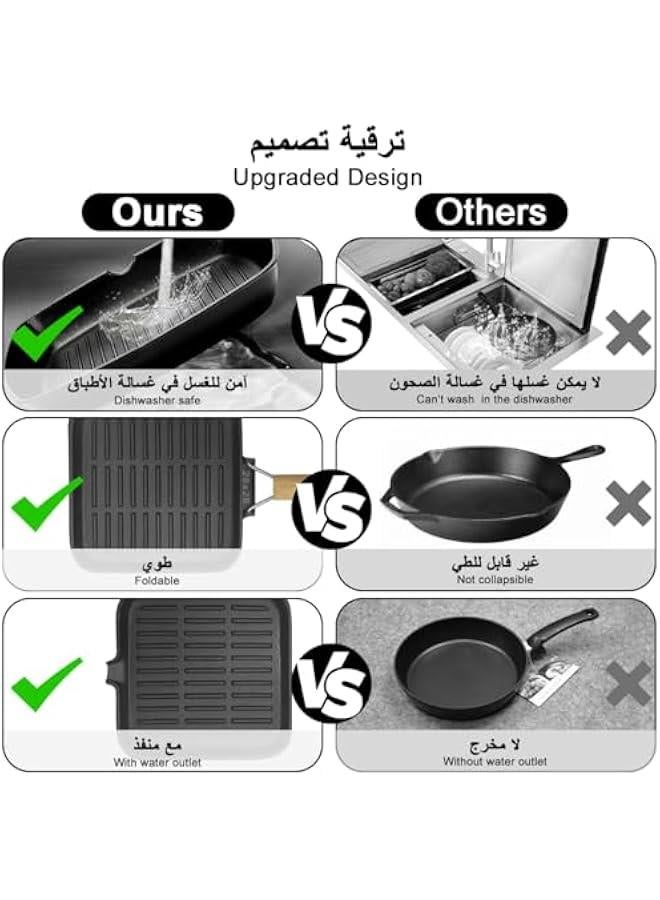 BWSJ Cast Iron Griddle Steak Pan NonStick Pan Frying Pan for Kitchen Foldable Handle Baking Cooking Tool Skillet Cookware Worked with Gas Electric Furnace Induction Ceramic Stove for Indoor Outdoor - Image 4