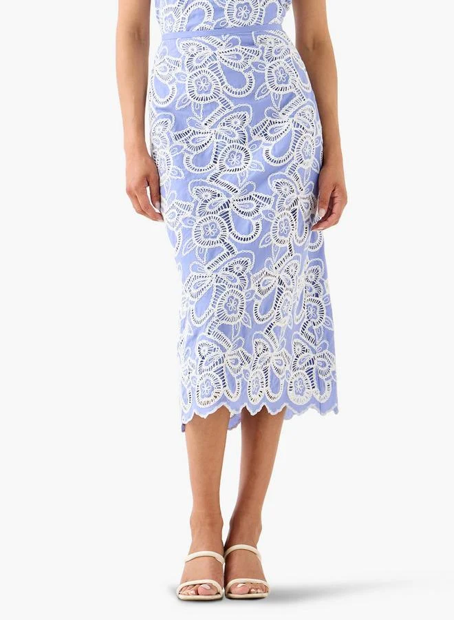 Iconic Iconic Midi Cotton Cutwork Embroidered Skirt with Slit