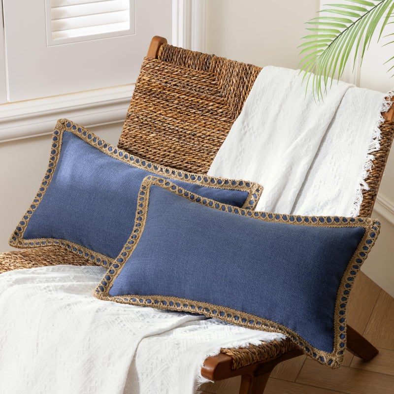 Phantoscope Pack of 2 Farmhouse Decorative Solid Throw Decorative Pillow Cover Burlap Linen Trimmed Tailored Edges Navy Blue 12 x 20 inches 30 x 50 cm