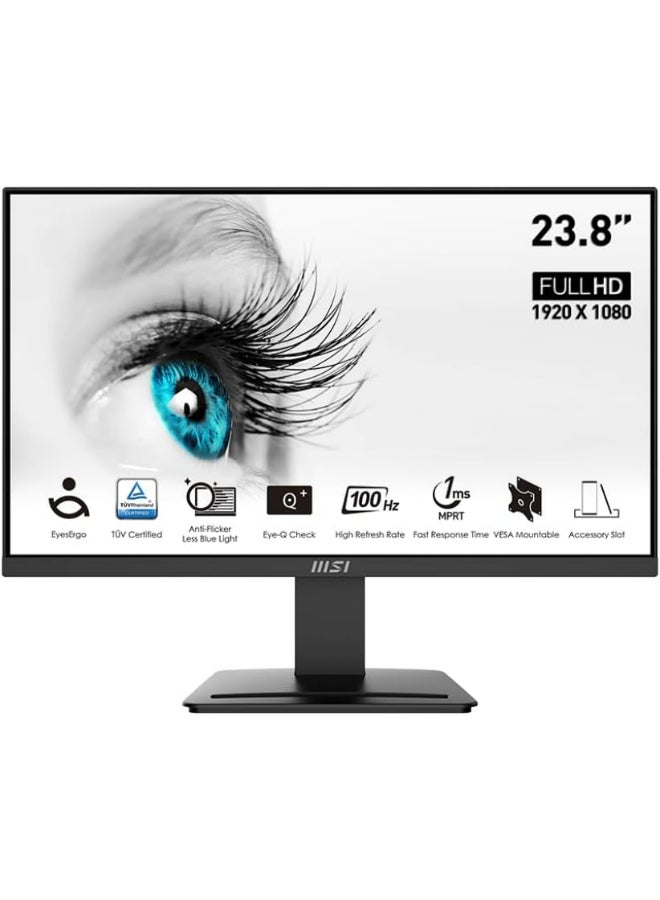 MSI Pro MP2412 Business & Productivity Monitor, 23.8" FHD VA Display, 100Hz Refresh Rate, 1ms (MPRT) Response Time, EyesErgo Technology, HDMI & DP Port, 4000 1 Contrast Ratio | 9S6-3BA9CH-049 Black  - Image 1