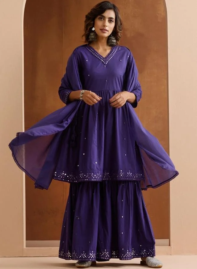 آي شين Women's Purple 100% Cotton Embellished Tunic Top With Ankle Palazzo Flared Kurta Set