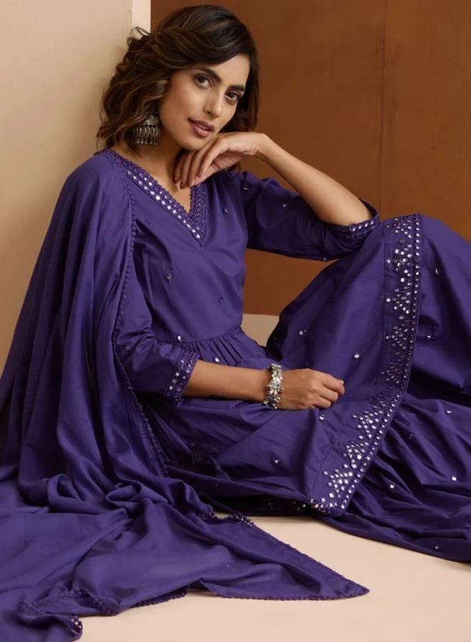 آي شين Women's Purple 100% Cotton Embellished Tunic Top With Ankle Palazzo Flared Kurta Set