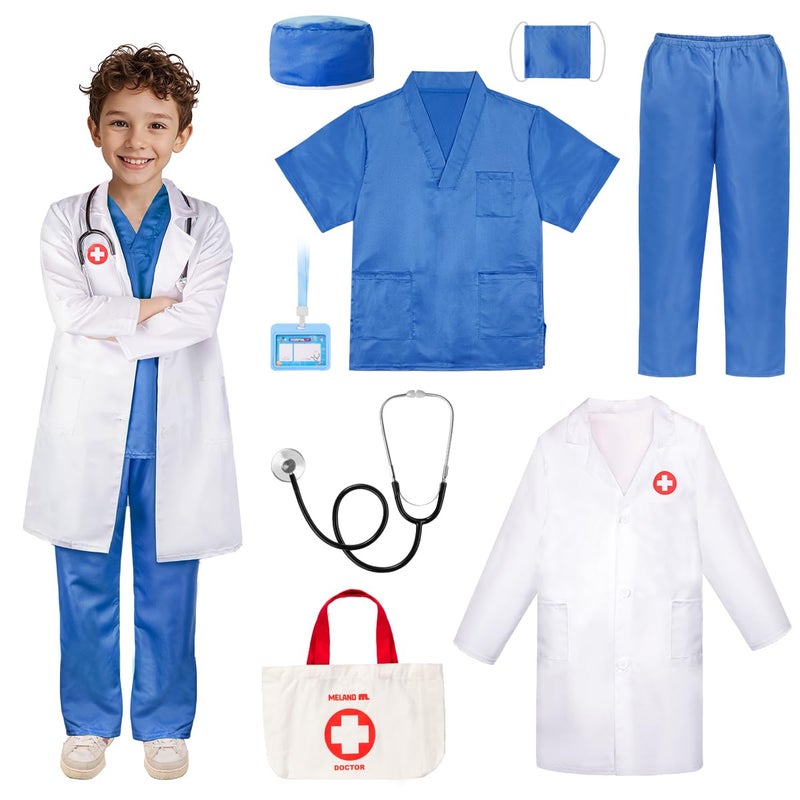 Meland Doctor Costume for Kids - Kids Scrubs with Lab Coat & Carry Bag, Doctor Dress Up for Halloween, Career Day Role Play(Blue,5-6 Years) - Image 1