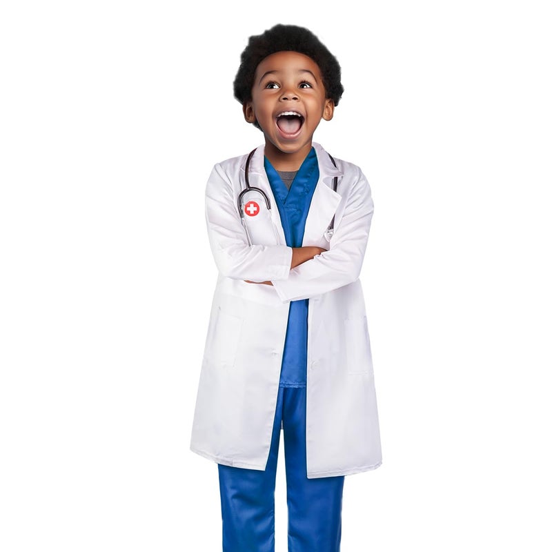 Meland Doctor Costume for Kids - Kids Scrubs with Lab Coat & Carry Bag, Doctor Dress Up for Halloween, Career Day Role Play(Blue,5-6 Years) - Image 3