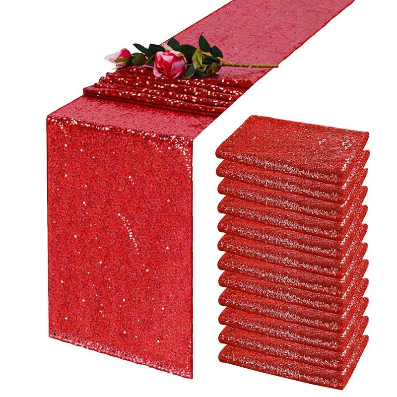 TCBESTO Red Sequin Table Runner 12 x 108 Pack of 12 Red Metallic Glitter Table Runner for Baby Shower Wedding Christmas Birthday Party Birthday