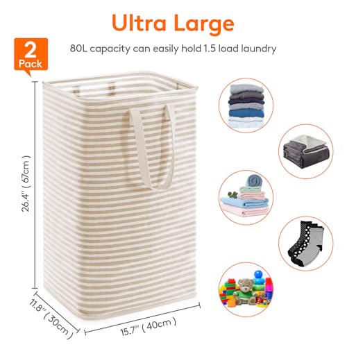 Lifewit 2 Pack Laundry Hamper Large Collapsible Laundry Baskets, Freestanding Waterproof Clothes Hamper with Easy Carry Handles in Laundry Room Bedroom Bathroom College Dorm for Adults, Beige, 2 x 80L - Image 4