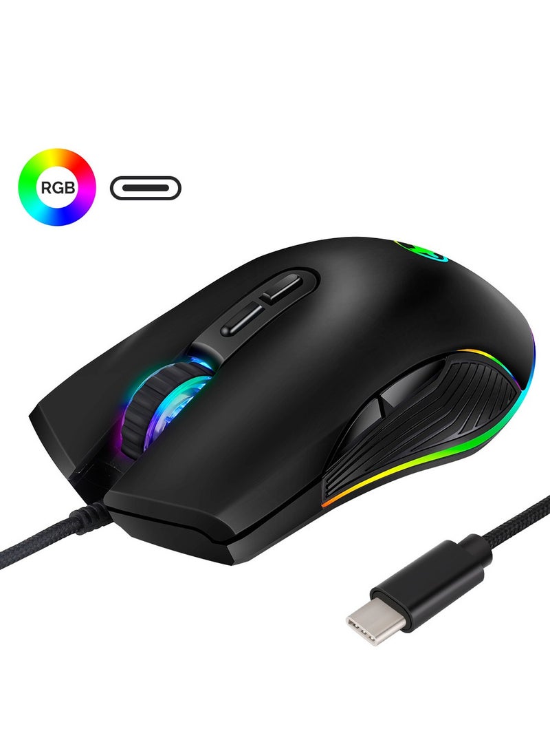 ماوس كهروضوئي سلكي USB-C، ضوء مبهر RGB، مناسب للألعاب وألعاب الهاتف المحمول والهواتف المحمولة. مثالية للاستخدام المكتبي والمنزلي. - Image 1