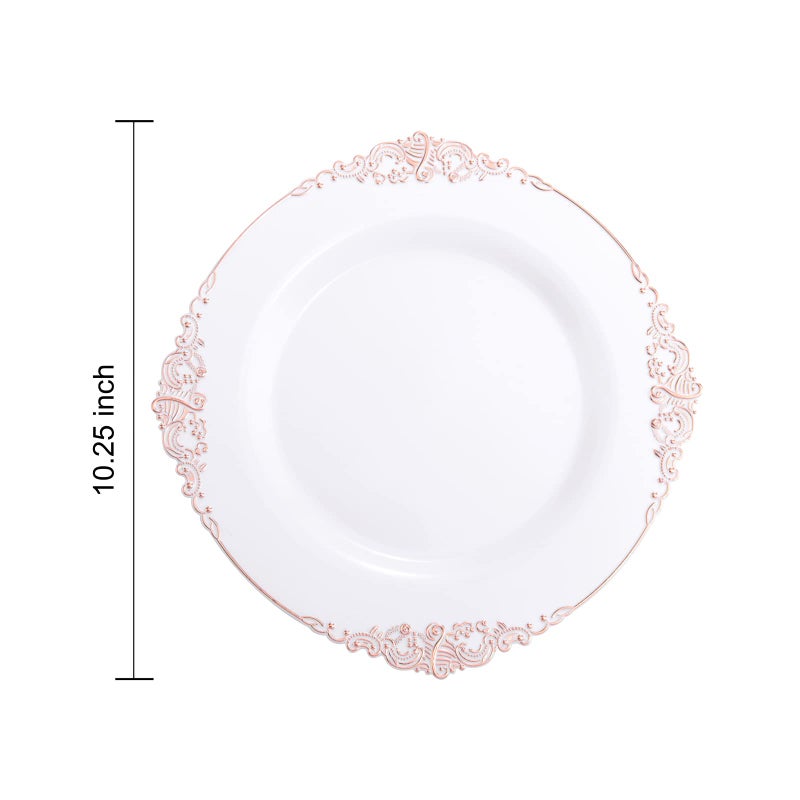Morejoy 100 Pieces Rose Gold Plastic Plates - Rose Gold Disposable Plates - 10.25inch White Plastic Dinner Plates With Rose Gold Rim for Weddings & Parties & Shower - Image 5