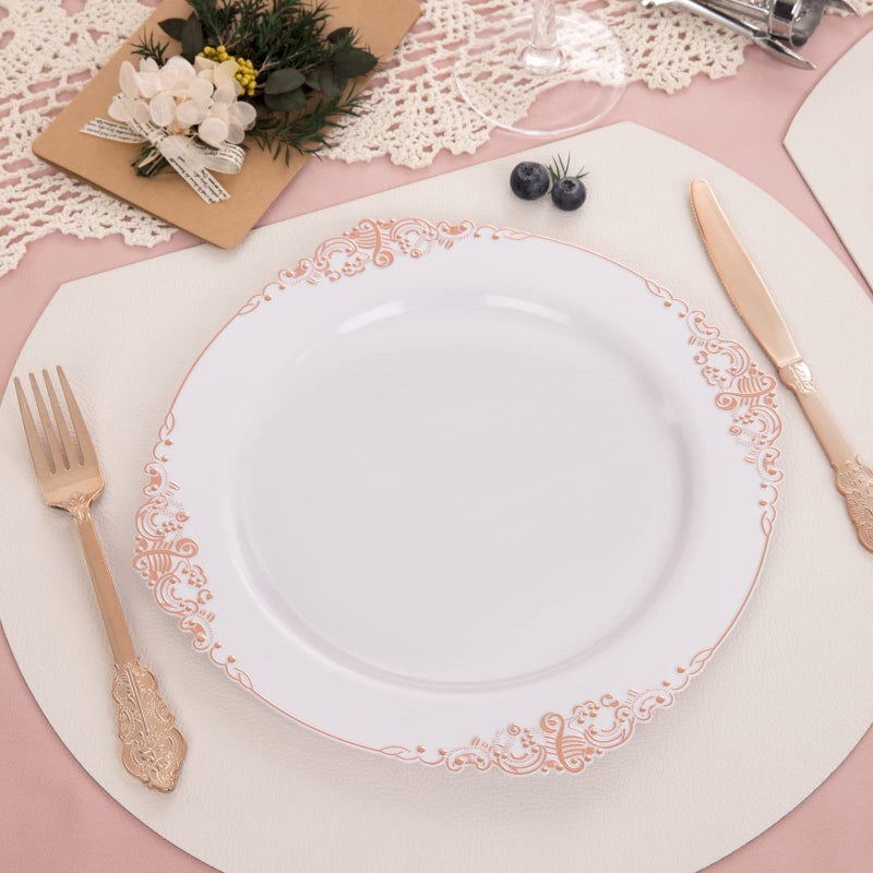 Morejoy 100 Pieces Rose Gold Plastic Plates - Rose Gold Disposable Plates - 10.25inch White Plastic Dinner Plates With Rose Gold Rim for Weddings & Parties & Shower - Image 3