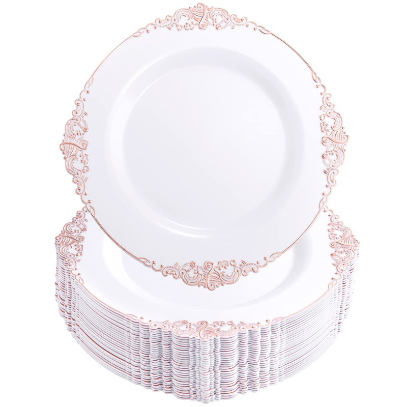 Morejoy 100 Pieces Rose Gold Plastic Plates - Rose Gold Disposable Plates - 10.25inch White Plastic Dinner Plates With Rose Gold Rim for Weddings & Parties & Shower - Image 1