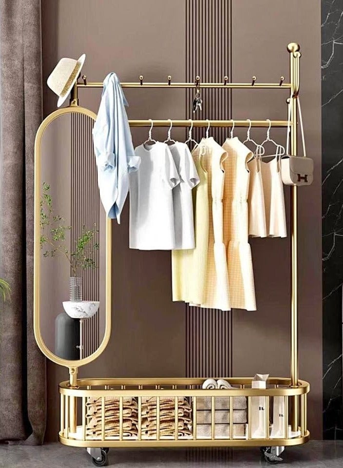 DubaiGallery Closet shelves double pole movable hat and cloth drying rack metal clothes organizer hanger stand with mirror - Image 1