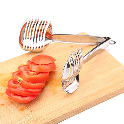 i Kito Tomato Lemon Slicer Holder Round Fruits Onion Shreader Cutter Guide Tongs with Handle Kitchen Cutting Potato Lime Food Stand Stainless Steel - Image 2
