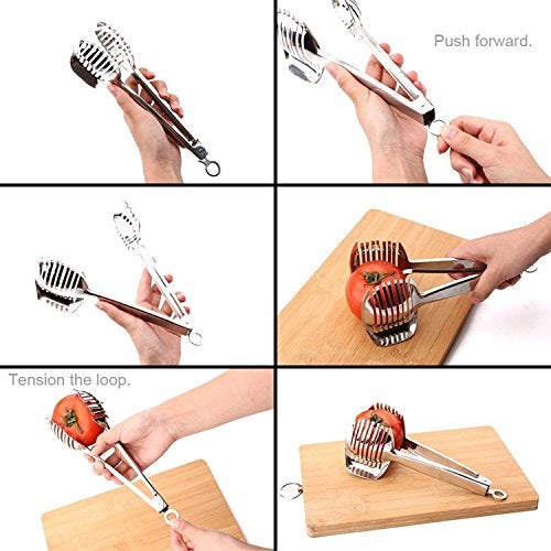 i Kito Tomato Lemon Slicer Holder Round Fruits Onion Shreader Cutter Guide Tongs with Handle Kitchen Cutting Potato Lime Food Stand Stainless Steel - Image 3