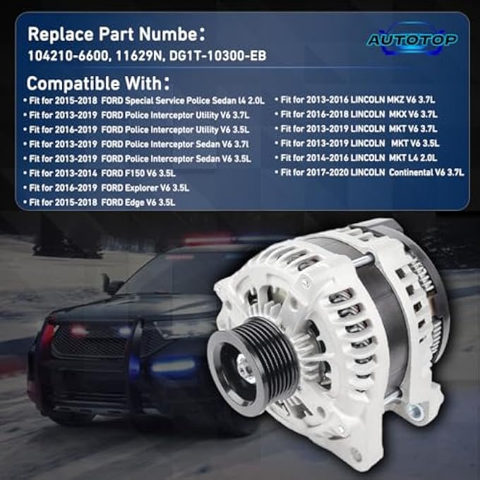 AUTOTOP Alternator 12V 225A FIT Edge, Explorer, F-150, Police Interceptor, MKT, MKX, MKZ, Continental 2.0L 3.5L 3.7L Replace 104210-6600, 11629N, DG1T-10300-EB - Image 2