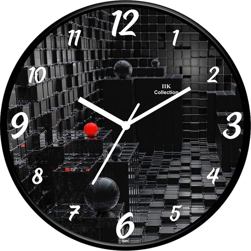 IIK COLLECTION Plastic Designer Analogue Round Wall Clock with Glass for Home/Kitchen/Living/Bed Room/Office (28 x 28 x 6 cm, Black) - Image 1