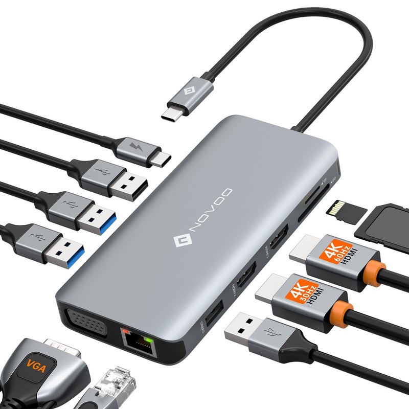 NOVOO USB C Docking Station Dual HDMI Adapter, 11 in 1 Multi Display Docking Station Dual Monitor with 2 HDMI, VGA, 100W PD, 4 USB, USB C Hub Multiport Dongle Compatible with MacBook/Dell/HP/Lenovo Laptops - Image 1