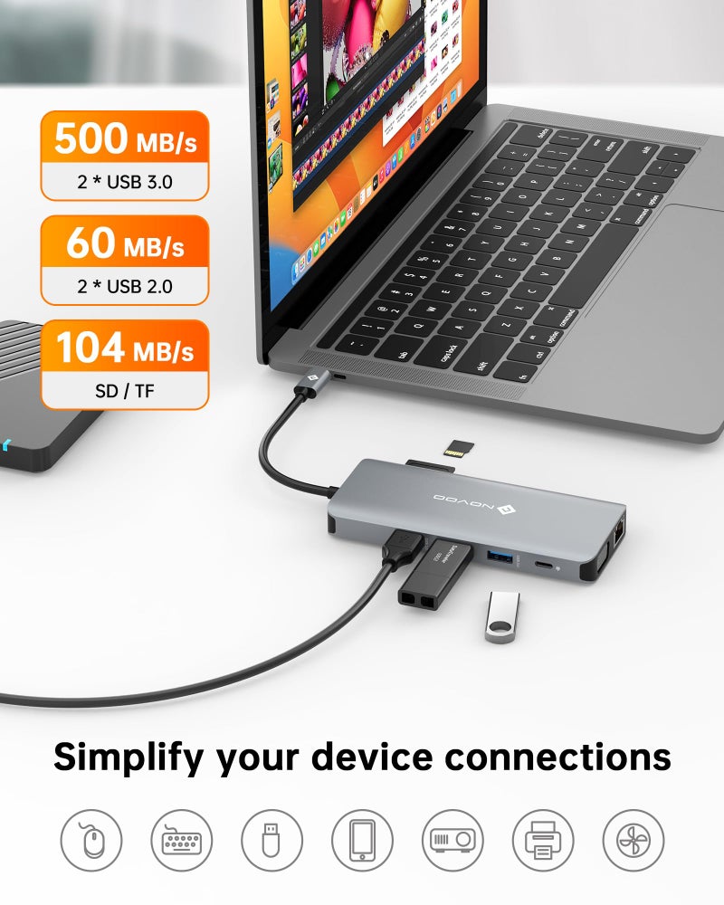 NOVOO USB C Docking Station Dual HDMI Adapter, 11 in 1 Multi Display Docking Station Dual Monitor with 2 HDMI, VGA, 100W PD, 4 USB, USB C Hub Multiport Dongle Compatible with MacBook/Dell/HP/Lenovo Laptops - Image 5