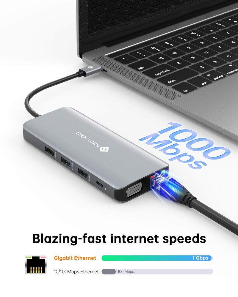 NOVOO USB C Docking Station Dual HDMI Adapter, 11 in 1 Multi Display Docking Station Dual Monitor with 2 HDMI, VGA, 100W PD, 4 USB, USB C Hub Multiport Dongle Compatible with MacBook/Dell/HP/Lenovo Laptops - Image 4