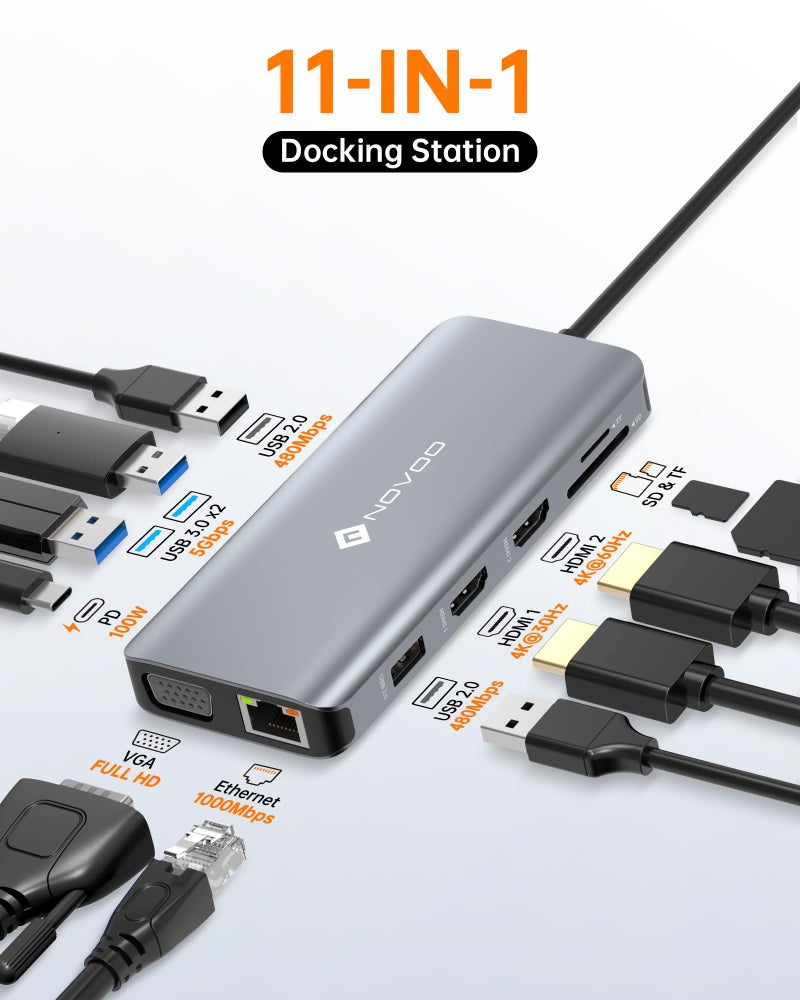 NOVOO USB C Docking Station Dual HDMI Adapter, 11 in 1 Multi Display Docking Station Dual Monitor with 2 HDMI, VGA, 100W PD, 4 USB, USB C Hub Multiport Dongle Compatible with MacBook/Dell/HP/Lenovo Laptops - Image 2