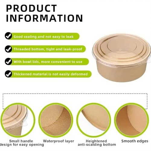 Amit Marketing 500 ML Brown Round Paper Bowl with Lids, Disposable Take Out Food Containers Storage Box for Hot/Cold Foods, Party Supplies for Soup, Salad, Dessert, Pasta, Noodles (10 PCS) - Image 5