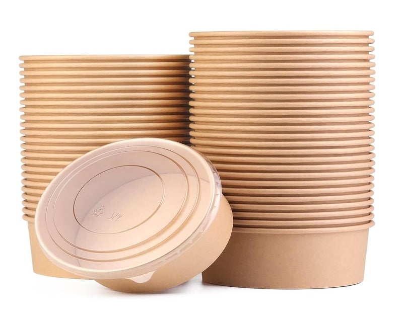 Amit Marketing 500 ML Brown Round Paper Bowl with Lids, Disposable Take Out Food Containers Storage Box for Hot/Cold Foods, Party Supplies for Soup, Salad, Dessert, Pasta, Noodles (10 PCS) - Image 1
