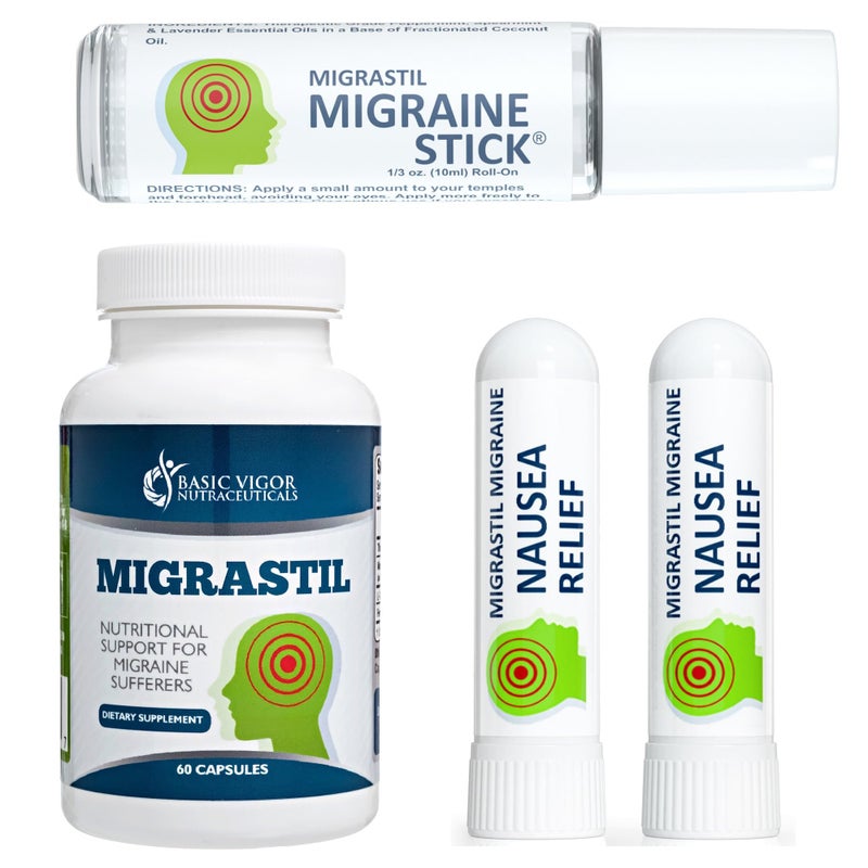 Basic Vigor Migrastil Migraine Support Kit with Migraine Stick, Capsules & Nausea Inhaler. Made in The USA - Image 1