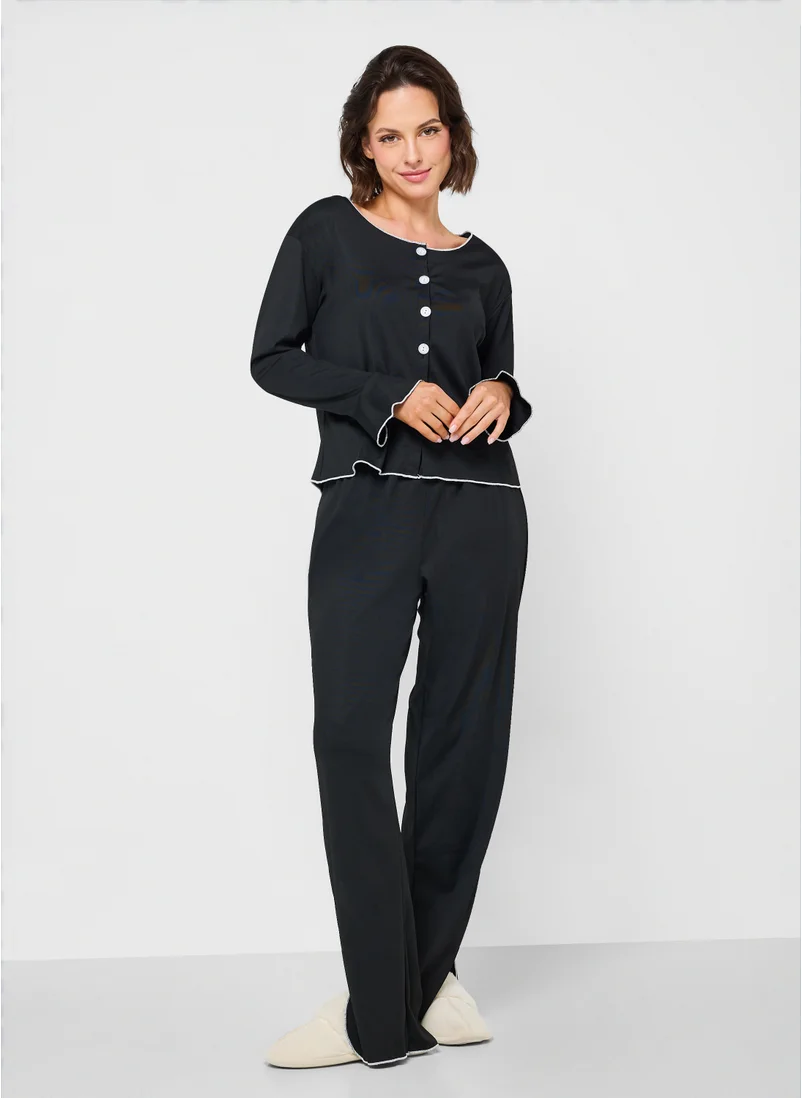 Ginger Button Down Pyjama Set With Contrast Trim