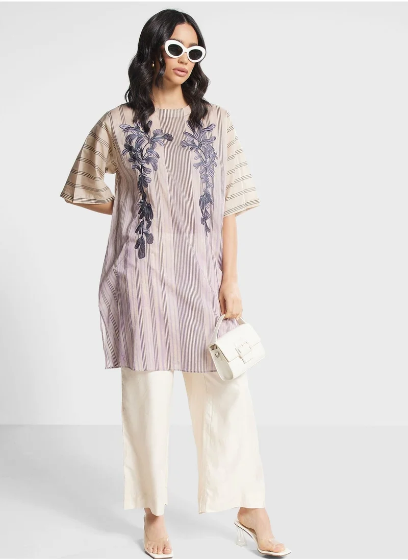 Nishat Linen Striped Floral Kurti