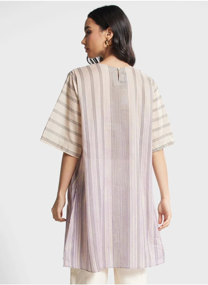 Nishat Linen Striped Floral Kurti