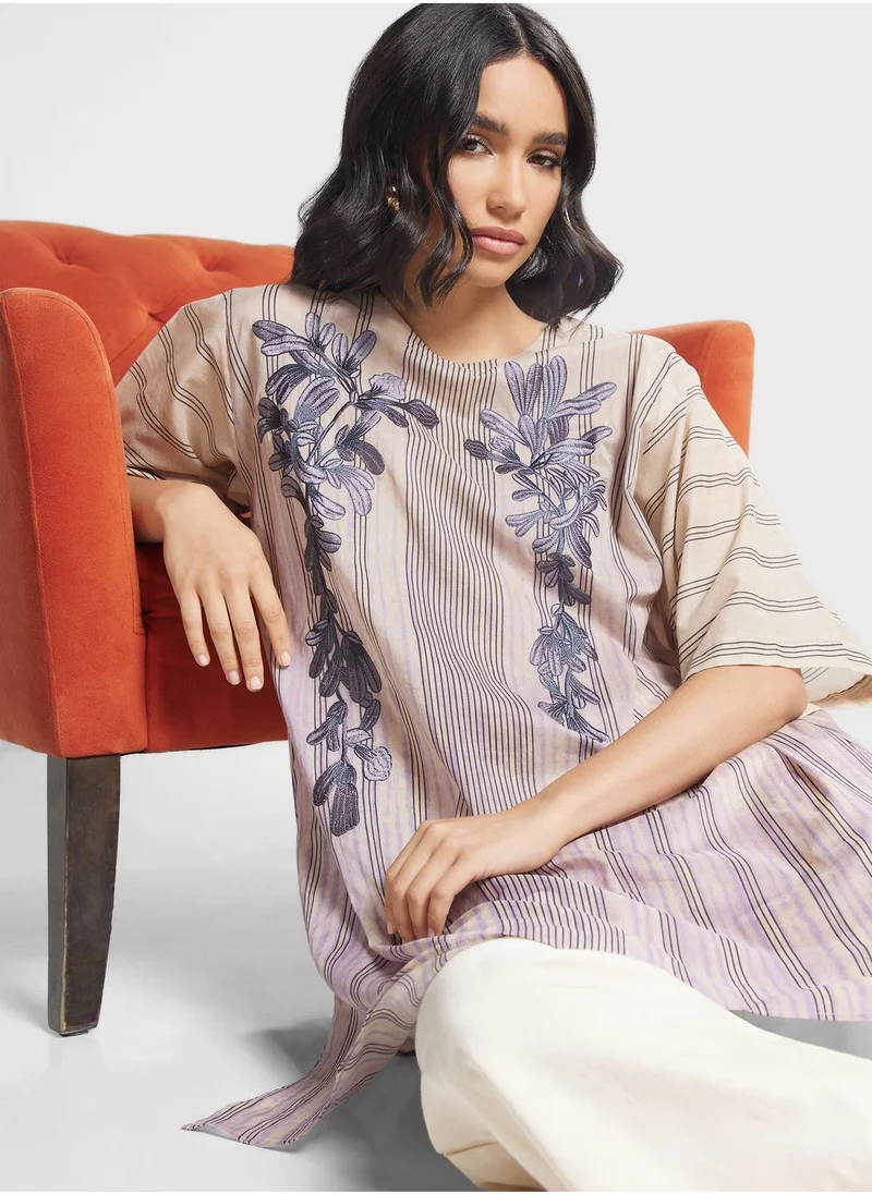 Nishat Linen Striped Floral Kurti
