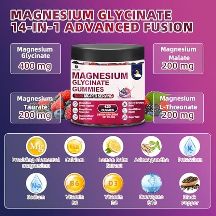 OUTELANDE 120 CT Magnesium Glycinate Gummies 1000 mg for Women and Men, Magnesium Malate & Taurate Supplements for Zzz, Body Support and Relaxation, Sugar Free, Vegan, Raspberry BlackBerry Blueberry Flavor - Image 4