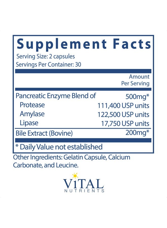 Vital Nutrients Pancreatin And Ox Bile Extract Natural Digestive Enzyme Supplement Suitable For Men And Women Helps Break Down Protein Fat And Carbs 60 Capsules Per Bottle - Image 2