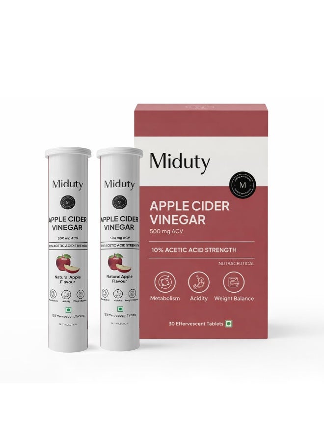 Miduty ACV Effervescent Tablets With 500mg Apple Cider Vinegar , Vit B6 & B12, 10% Acetic Acid | Control Appetite Supports Bloating & Metabolism, No Added Sugar, No Maltodextrin- Pack of 2 (30 Tablets) - Image 1