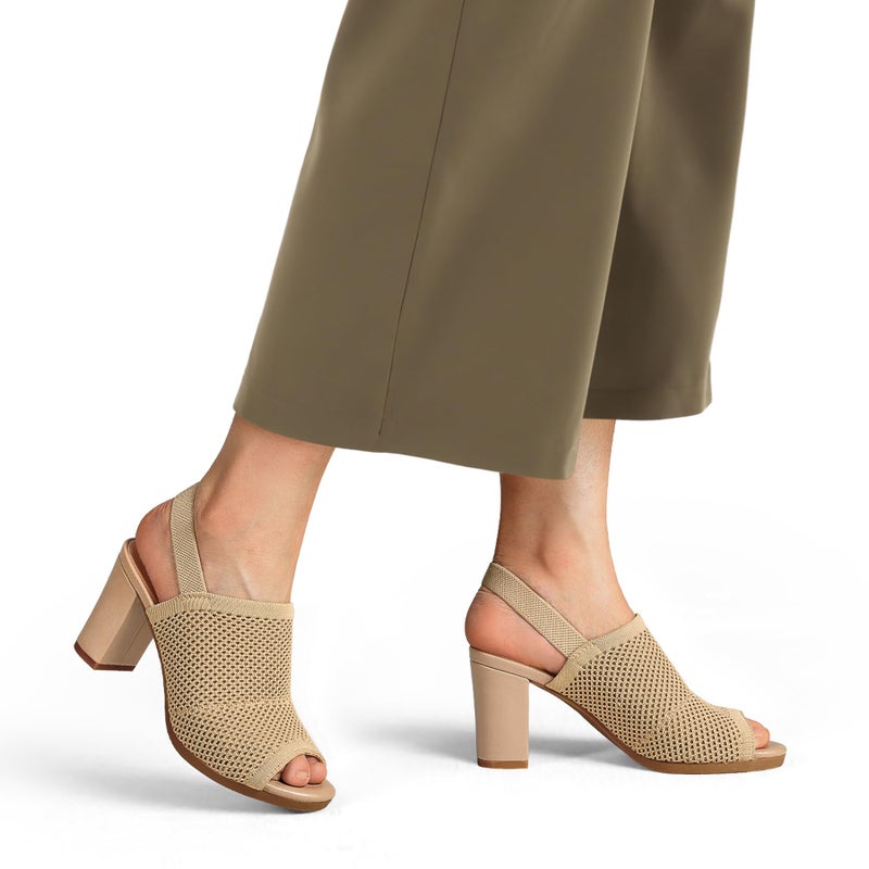 mysoft Women's Knit Chunky Block High Heels Elastic Slingback Open Toe 3 Inch Heeled Sandals,Almond,8.5 US - Image 5