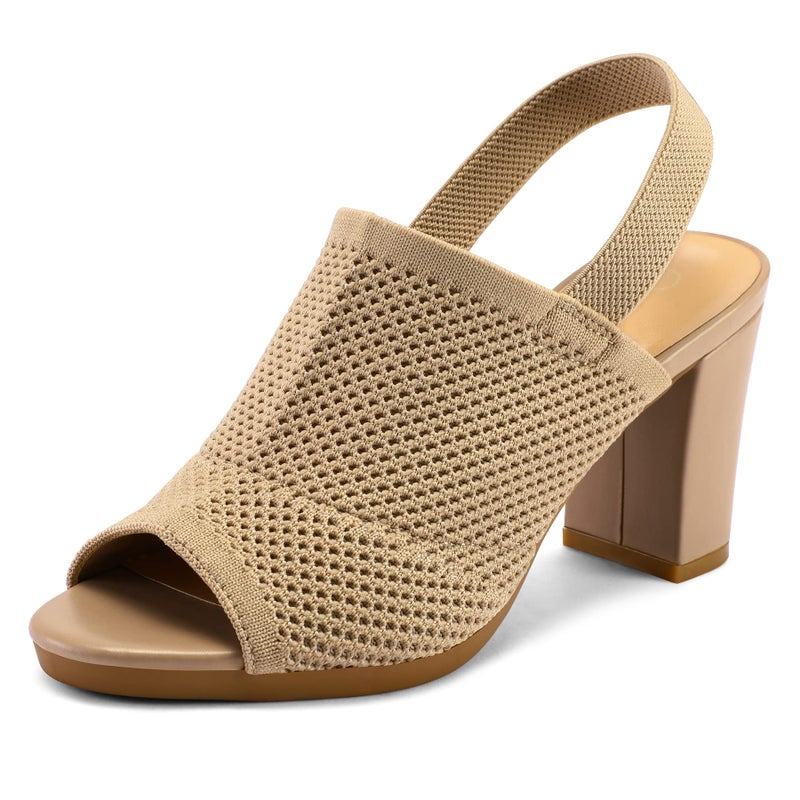 mysoft Women's Knit Chunky Block High Heels Elastic Slingback Open Toe 3 Inch Heeled Sandals,Almond,8.5 US - Image 1