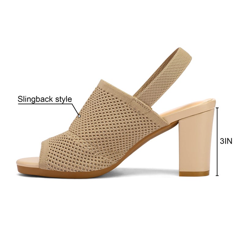 mysoft Women's Knit Chunky Block High Heels Elastic Slingback Open Toe 3 Inch Heeled Sandals,Almond,8.5 US - Image 4