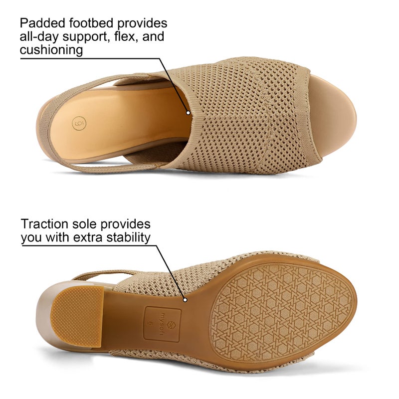 mysoft Women's Knit Chunky Block High Heels Elastic Slingback Open Toe 3 Inch Heeled Sandals,Almond,8.5 US - Image 3