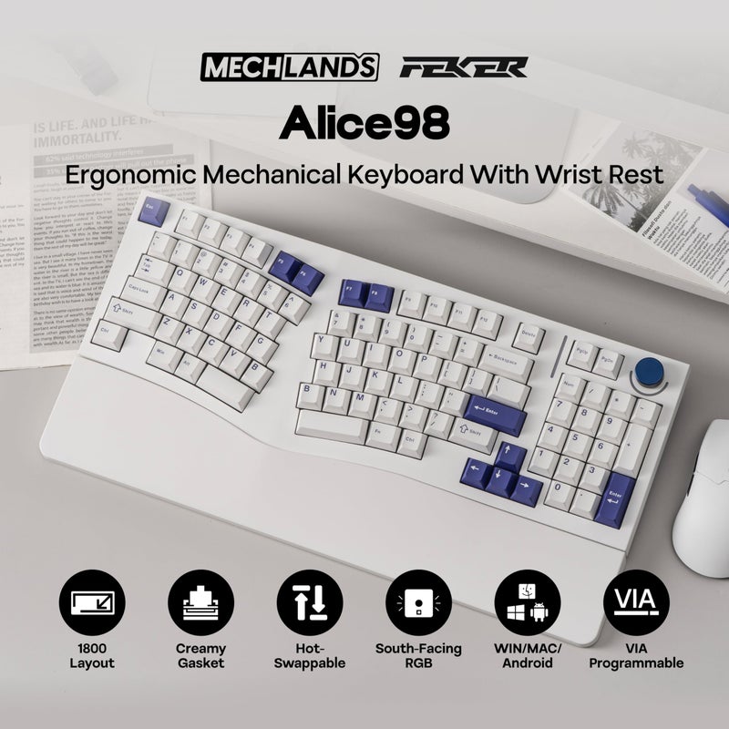 MechLands Feker Alice98 Ergonomic 98 Keys Custom Mechanical Keyboard, VIA Programmable, USB-C Wired Gaming Keyboard, Hot Swappable, 5 Layer Paddings, Control Knob, NKRO, RGB for Win/Mac (White) - Image 2