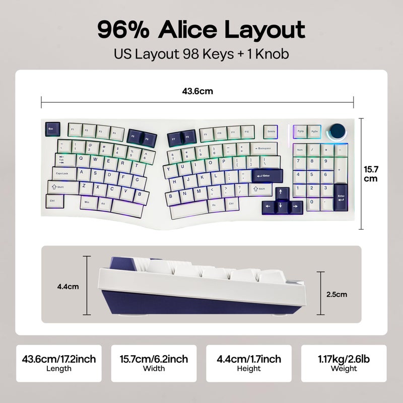 MechLands Feker Alice98 Ergonomic 98 Keys Custom Mechanical Keyboard, VIA Programmable, USB-C Wired Gaming Keyboard, Hot Swappable, 5 Layer Paddings, Control Knob, NKRO, RGB for Win/Mac (White) - Image 4