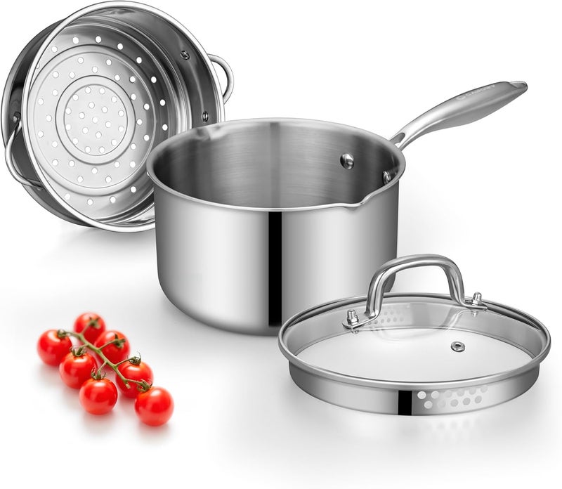 Cyrosa Tri-Ply Stainless Steel Sauce Pan with Steamer Basket & Straining Glass Lid — Heavy-Duty, Thick Base,Rust-Resistant,Warp-Free —100% Food-Grade —Built to Last– Works with All Stovetops, Pasta Pot 2 QT - Image 1