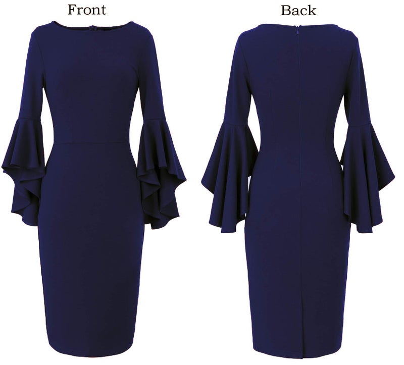 VFSHOW Womens Navy Blue Bell Sleeves Cocktail Party Casual Bodycon Pencil Sheath Dress 6731 BLU XL - Image 4
