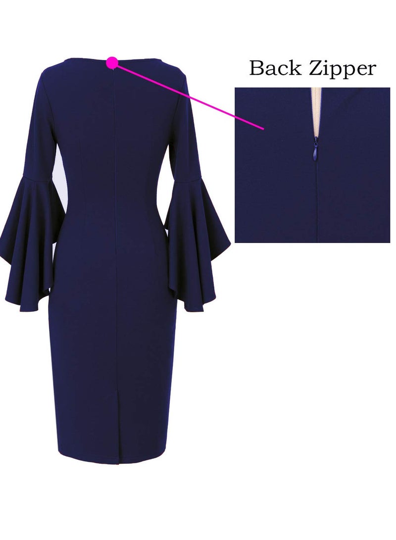 VFSHOW Womens Navy Blue Bell Sleeves Cocktail Party Casual Bodycon Pencil Sheath Dress 6731 BLU XL - Image 5