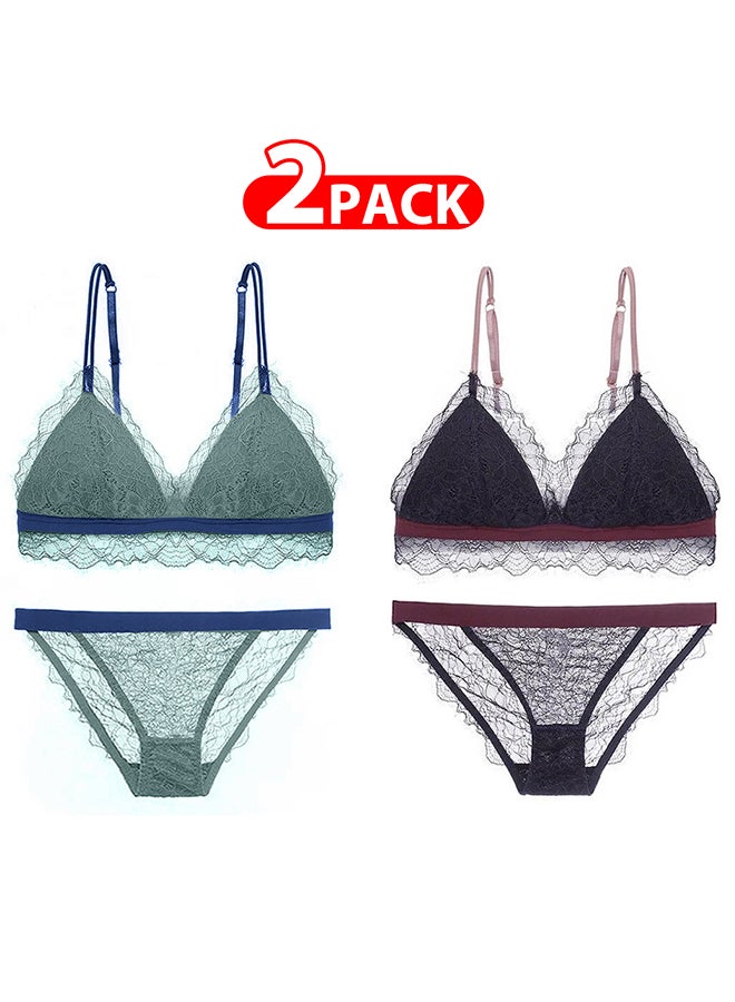 MARGOUN 2 Packs For Women's Small Size Bra and Panty Set Bra Lace Lash Floral Briefs Underwear Triangle Cup Young Girls Underwear Lingerie Bra and Panties Set Multicolour - Image 1
